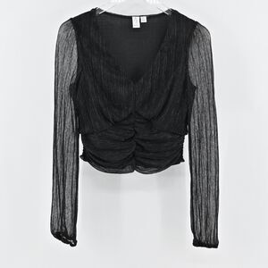 JOIE Top Womens Size S Black Metallic‎ VNeck Gathered Blouse Semi Sheer Sleeves